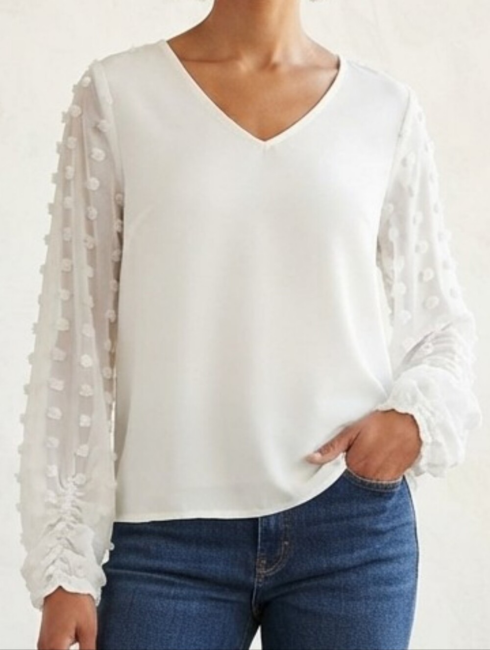 Amoli White V-Neck Blouse Long Puff Sleeves with Swiss Dot Details Large